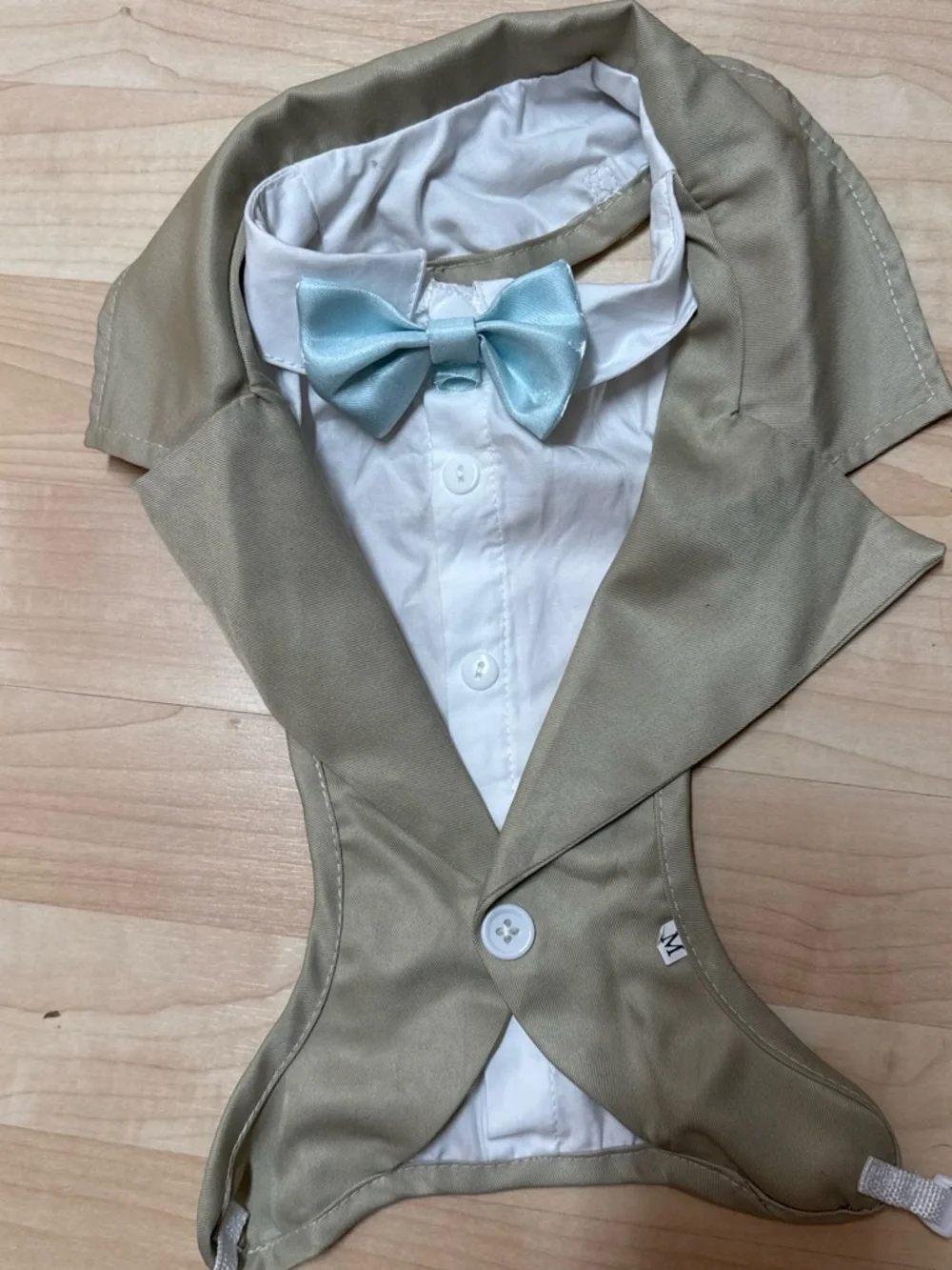 Tan Formal Dog Tuxedo Vest with Light Blue Bow Tie
